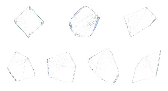 Broken glass shards collection, sharp transparent glass fragments on white background, shattered window pieces set for composite design