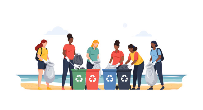People sorting recyclable materials on beach.