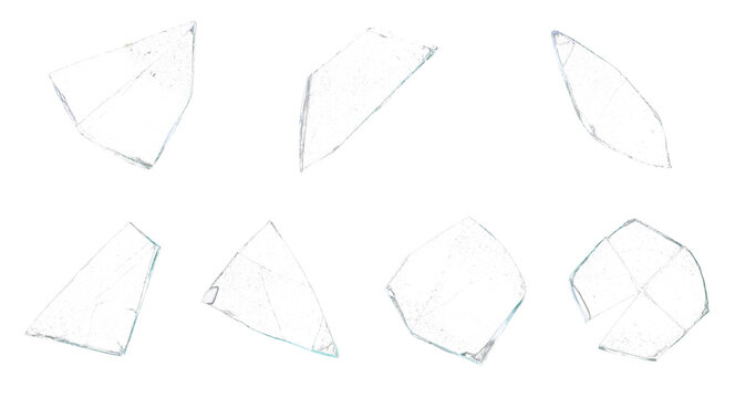 Broken glass shards collection on white background, sharp transparent glass fragments set, shattered window glass pieces for composite design