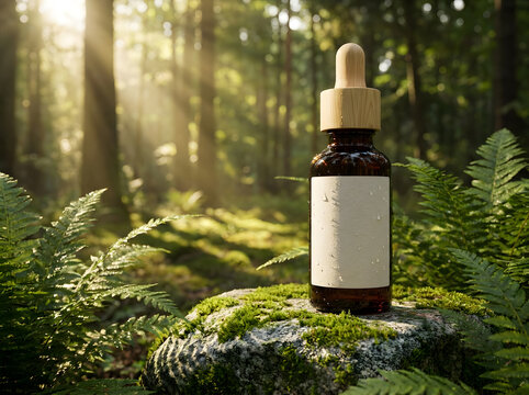 Amber glass dropper bottle with wooden cap stands on mossy rock in North America forest.