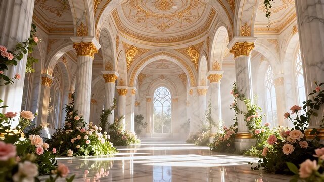 Ornate marble hall with floral decorations