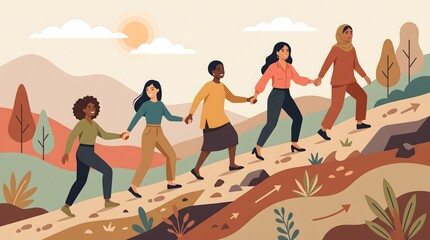 Fototapeta premium Family Holding Hands Walking on Desert Dunes at Sunset Silhouette Illustration