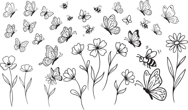 Butterflies and bees fly around flowers in a garden scene outdoors