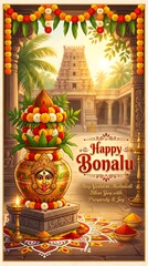 Fototapeta premium Happy Bonalu - Goddess Face Kalasam - Traditional Greeting Card