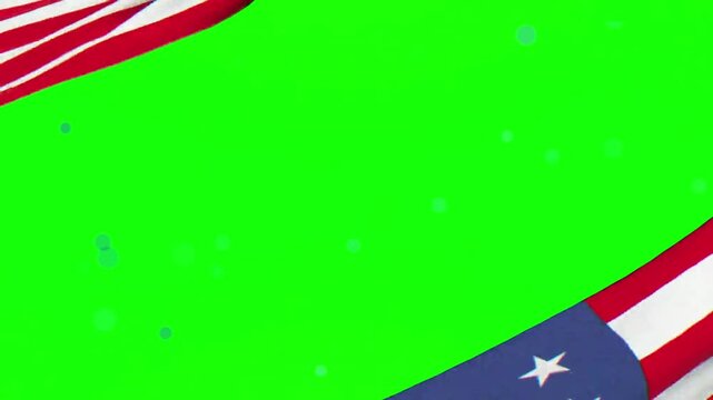 American flags frame the corners of a vibrant green screen background filled with floating particles.