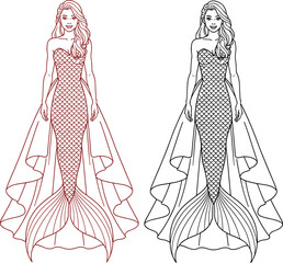Two Outline Illustrations of a Mermaid in a Scaled Dress and Flowing Train © Priyom
