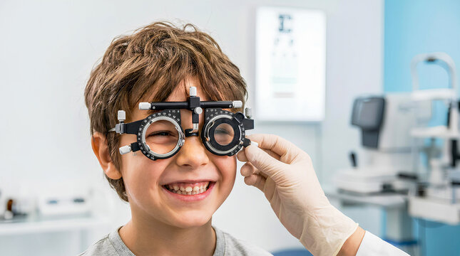 Happy little boy having eyesight exam with trial frame at pediatric ophthalmologist office