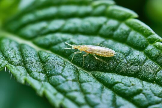 Tiny thrips on herb leaf surface captured in natural daylight