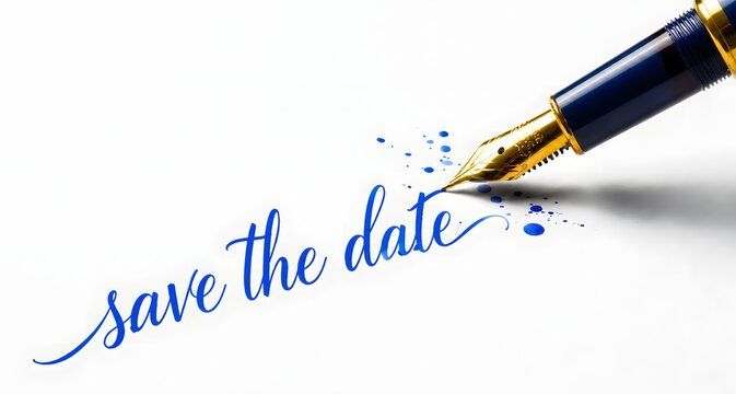 Elegant blue cursive handwriting save the date with fountain pen writing