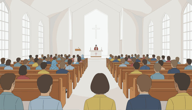 Large group of people sitting on church pews during a Sunday service while a minister stands at the altar in a bright and spacious sanctuary.