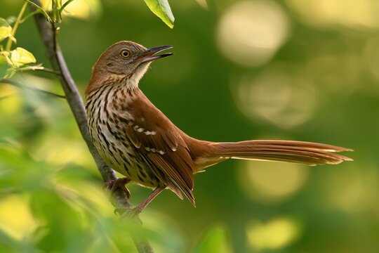 Wildlife portrait of a brown thrasher on a mossy branch