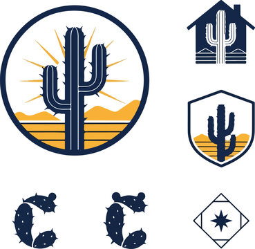 Set of minimalist cactus and desert themed vector logo designs.