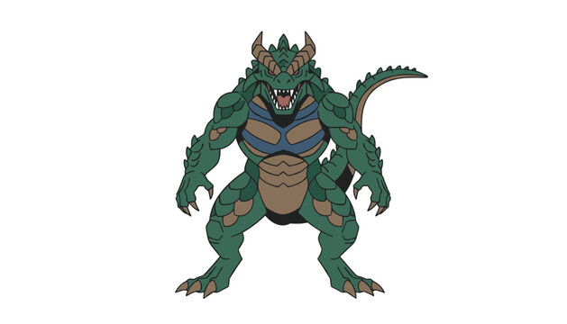 Ferocious green dragon standing on its hind legs with sharp claws, jagged horns, and a muscular physique ready for a mythical battle scene.