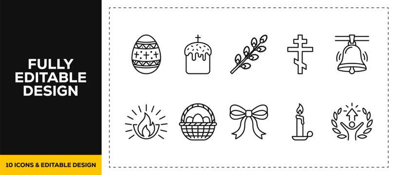 flat vector illustration line art icon bundle set design featuring easter holiday celebrations spring traditions festive eggs bunny ribbons and christian festivals graphics