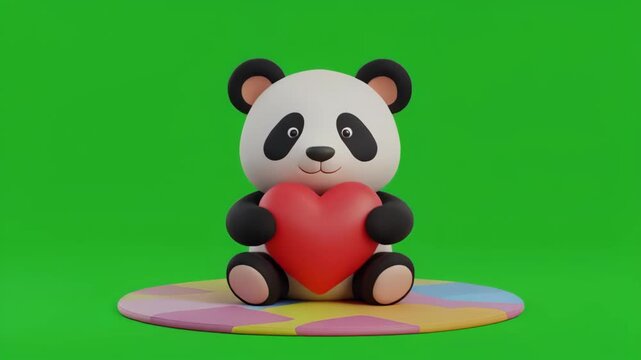 Cute panda bear sitting with red heart on pastel mat during studio lighting with soft focus