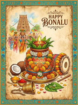 Happy Bonalu - Parchment Illustration - Thavil Drum - Bell