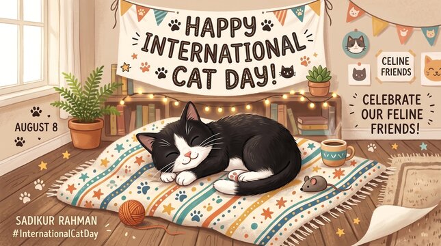 Adorable cat naps peacefully indoors celebrating International Cat Day with festive decorations.