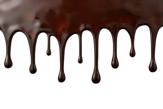 Melted dark chocolate dripping creating a sweet liquid sauce. Perfect as a dessert topping with a transparent background