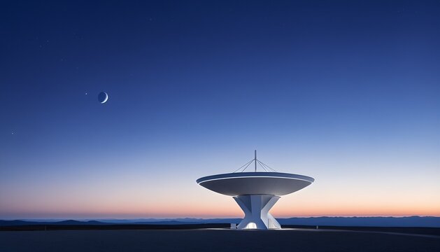 Satellite dish antenna at ground station under a starry night sky