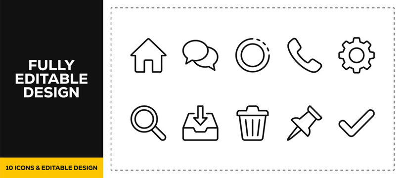 flat vector illustration line art icon bundle set design highlighting home interface searching navigation settings delete action trash bins and digital house web apps UI