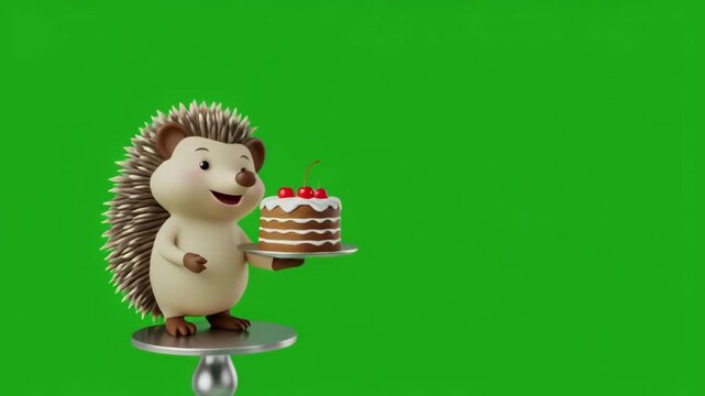 Cute hedgehog character holding a birtay cake with a green screen background