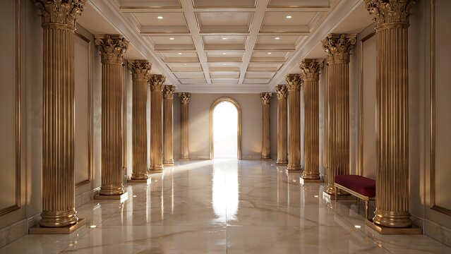 Luxury golden architectural hallway with coffered ceiling &ndash; Suitable for premium real estate, classical music events, or wealth management.