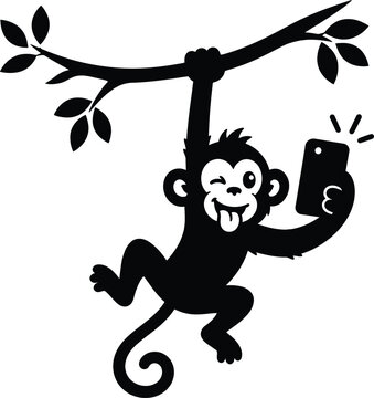 Funny monkey hanging from a tree branch and taking a selfie with a mobile phone black silhouette