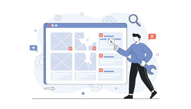 Developer fixing website wireframes and interface errors with a wrench and magnifying glass to ensure a seamless and functional user experience.