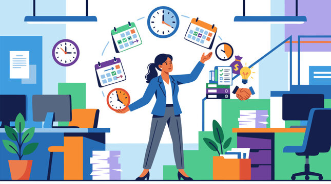 Confident manager multitasking in colorful modern office, juggling clocks and calendars with charts, documents, handshake, money, and lightbulb icons, illustrating priority planning and efficient