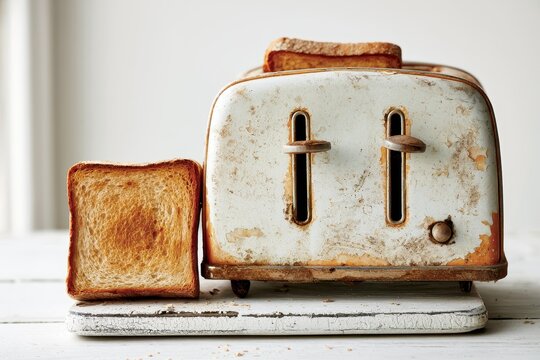 Vintage kitchen toaster showing wear and crumbs on a bright white wooden surface