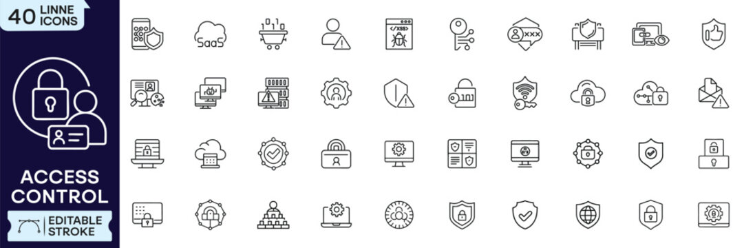 Access Control line icon set featuring cybersecurity, authentication, user identity, password, privacy, network protection and more. Editable stroke