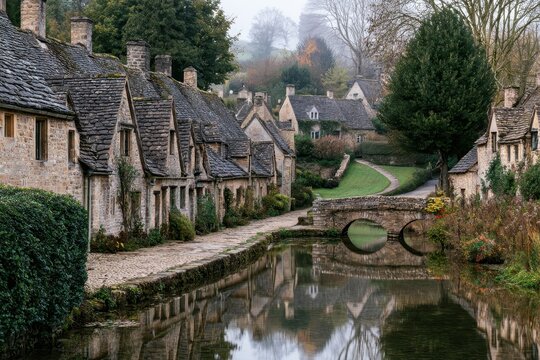 Pastoral Bibury landscape: historic cottages, serene water, and lush greenery