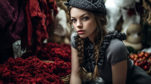 Fashion Portrait of Young Woman in Rustic Market Setting