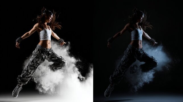 Dynamic Dancer Jumping Through Powder Cloud