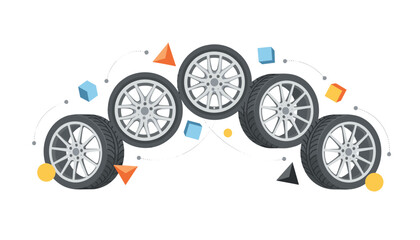 Fototapeta premium Artistic arrangement of car wheels flying through the air accompanied by orange triangles and blue blocks on a plain white background surface.