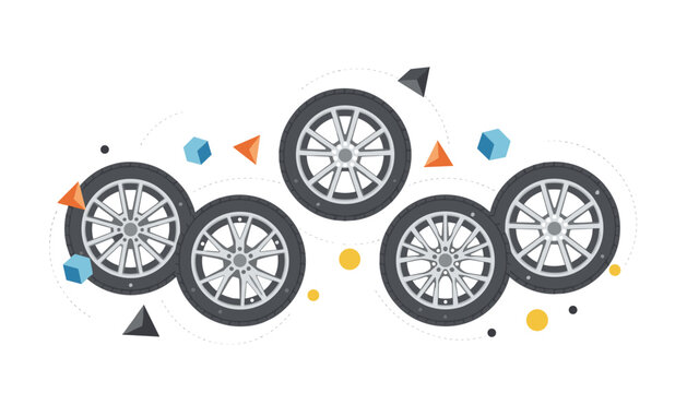 Set of five alloy car wheels floating with orange triangles and blue cubes in a clean artistic composition suitable for automotive branding.