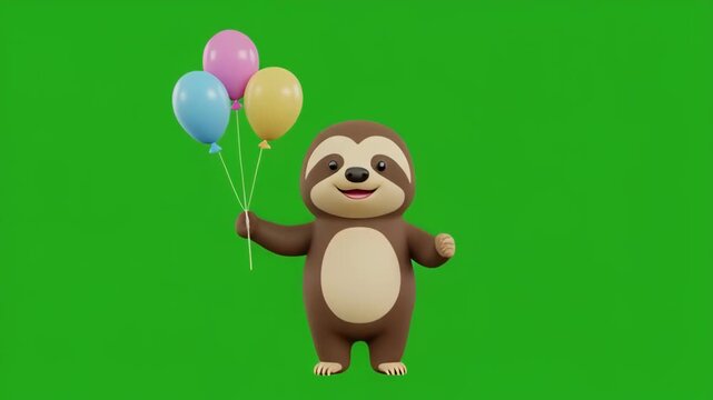 Cute Sloth Holding Balloons During Celebration Against Green Screen Background