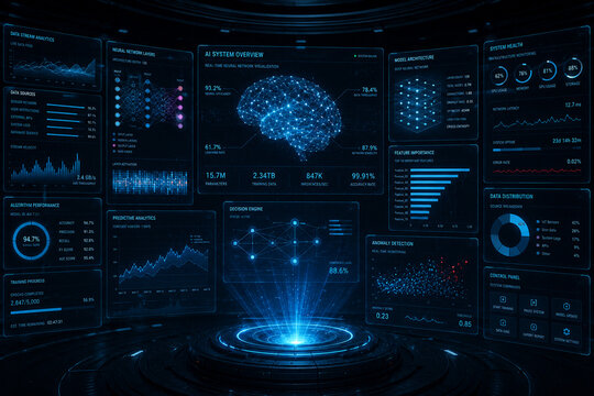 Futuristic dashboard interface displaying ai system neural network architecture real time analytics.