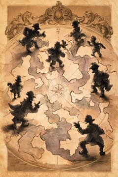 Historic engraving-style chart depicting gerrymandered regions on parchment