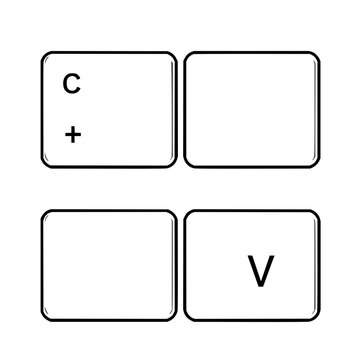 Keyboard key pairs set with minimalist vector illustration of a 2x2 grid featuring Ctrl, C, Ctrl, V, plus sign with black outline and monochrome