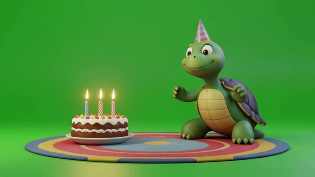 Cute cartoon turtle celebrating birtay with cake and candles on green screen background