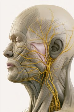 Medical diagram showing parotid gland and branching facial nerves in color-coded illustration