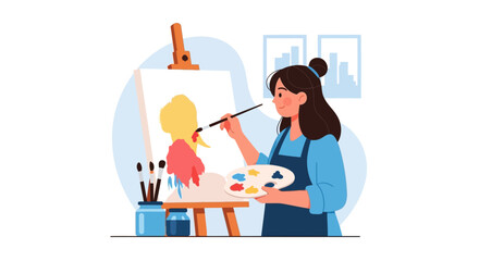 Fototapeta premium Creative Young Woman Artist Painting on Canvas in Studio Illustration - Female Painter with Palette and Brush Flat Vector Concept