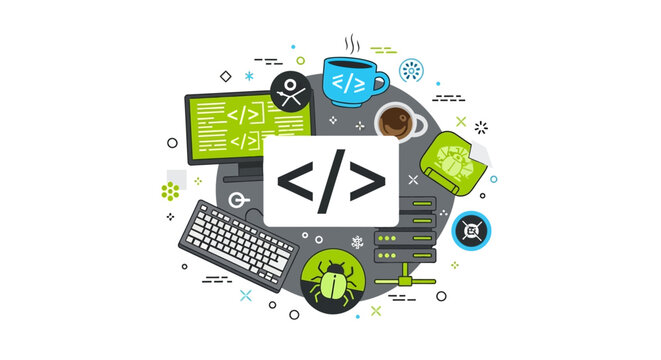 Software Engineering and Web Development Concept Illustration with Coding Icons, Server, Computer, and Debugging Symbols