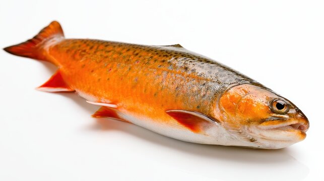Studio high-key photograph of a vibrant Arctic char with dark spots on white surface