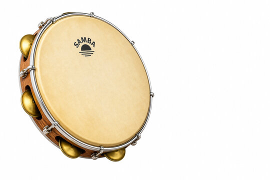 Wooden tambourine with brass jingles and Samba logo, isolated on a white background. Perfect for music themes.