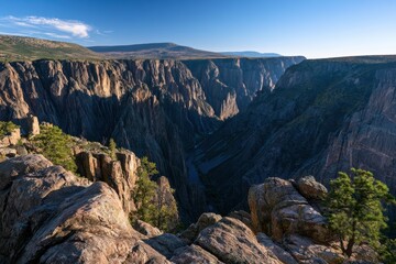 Fototapeta premium Rugged canyon scene in Black Canyon of the Gunnison: pine-lined rim, sunlit ledges, vast geological depth
