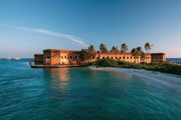 Naklejka premium Wide seascape of a remote island fortress with stone walls, white sand, and clear blue sky