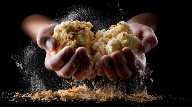 Hands Holding Crumbled Bread with Flying Crumbs