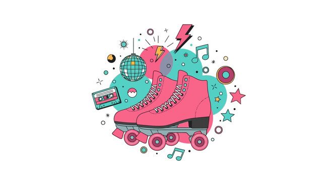 Retro 80s 90s Style Pink Roller Skates Illustration with Disco Ball, Cassette Tape, and Fun Pop Culture Elements